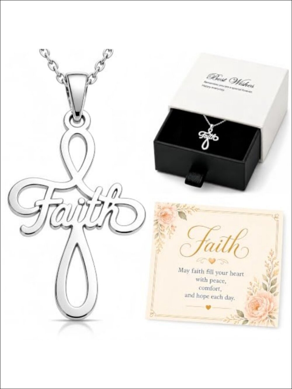 Stainless Steel Faith Cross Pendant Necklace 18in Adjustable Christian Gift